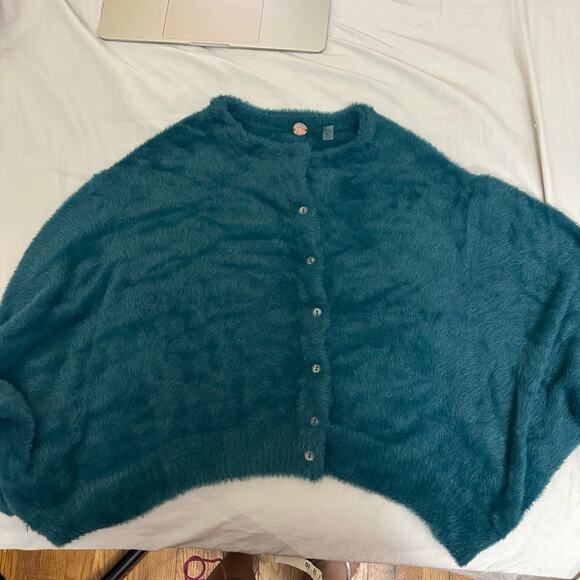 FREE PEOPLE FP ONE WYATT CARDI SOFT FUZZY BUTTON FRONT CARDIGAN TEAL Size XS - Picture 9 of 9